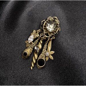 Rare Find Vintage Sorrelli Gold-Tone Crystal Dangle Brooch With Intricate Charms